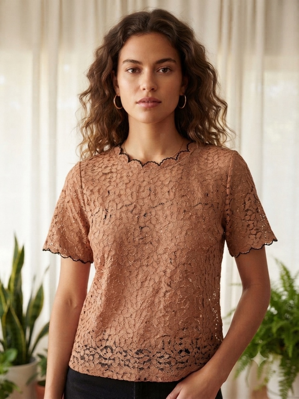 ZARA Scalloped Lace Short Sleeve Blouse in Gold / Brown
